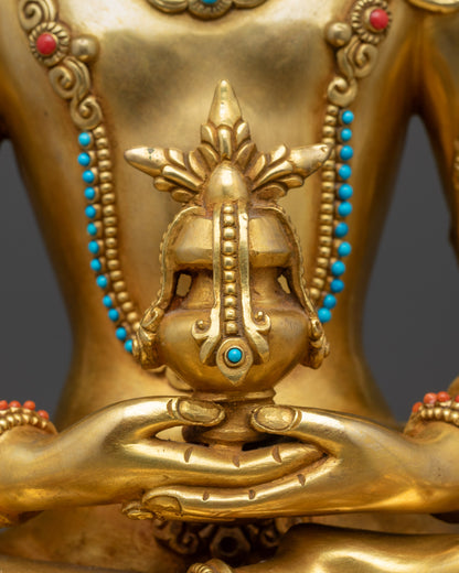 Detailed view Amitayus Buddha statue holding vase of immortal nectar lotus posture
