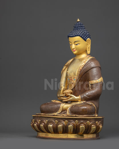 Detailed view of Amitabha Buddha seated on lotus throne embodying peace and boundless compassion