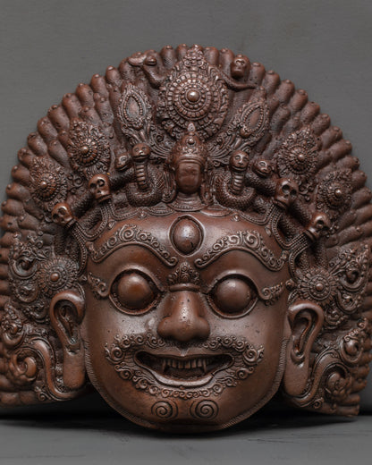 Detailed view of Bhairav Mask highlighting crown ornaments, third eye, and fine carvings