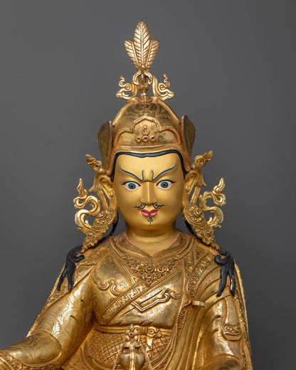 Guru Rinpoche Statue’s pure 24k gold-gilded face highlighting serene expression and fine artistry.