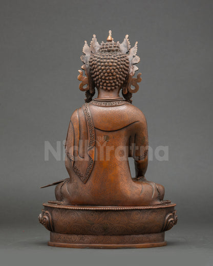 Detailed view of Mitrugpa Buddha holding Vajra, earth-touching mudra, oxidized finish