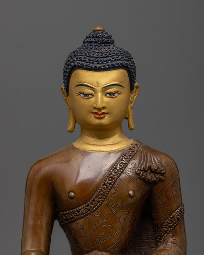 Detailed view of Shakyamuni Buddha's serene 24K gold face and hands in Dhyana mudra meditation posture