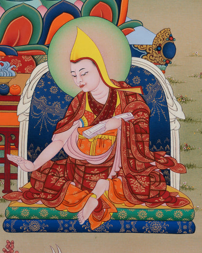 Detailed view of Tibetan dhonka robes and serene blue-green landscape in Tsongkhapa Thangka