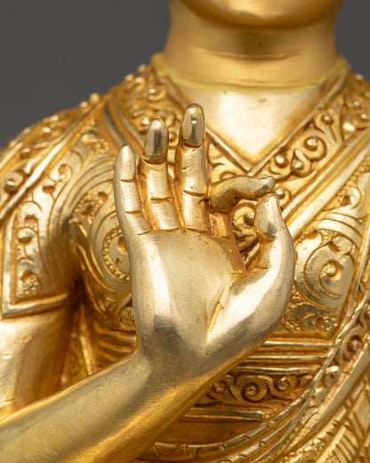Detailed view of lotus seat and gilded robes in Tsongkhapa statue set