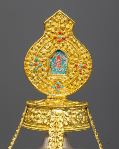 Detailed view of upper section of Che Bhumba lid showing floral carvings and Amitayus portrait