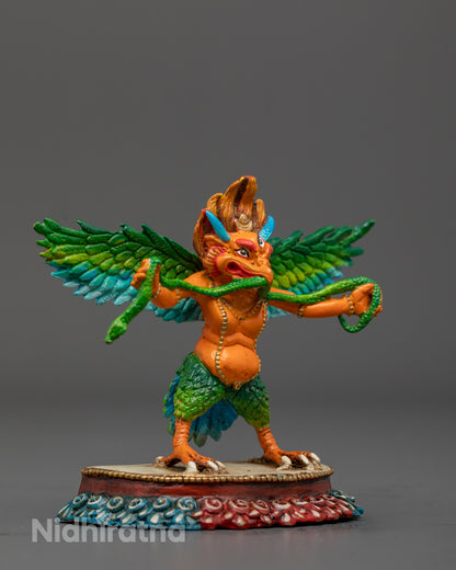 Divine Garuda Dev statue known as Vishnu’s mount, showcasing loyalty, strength, and protection in colorful detailed design