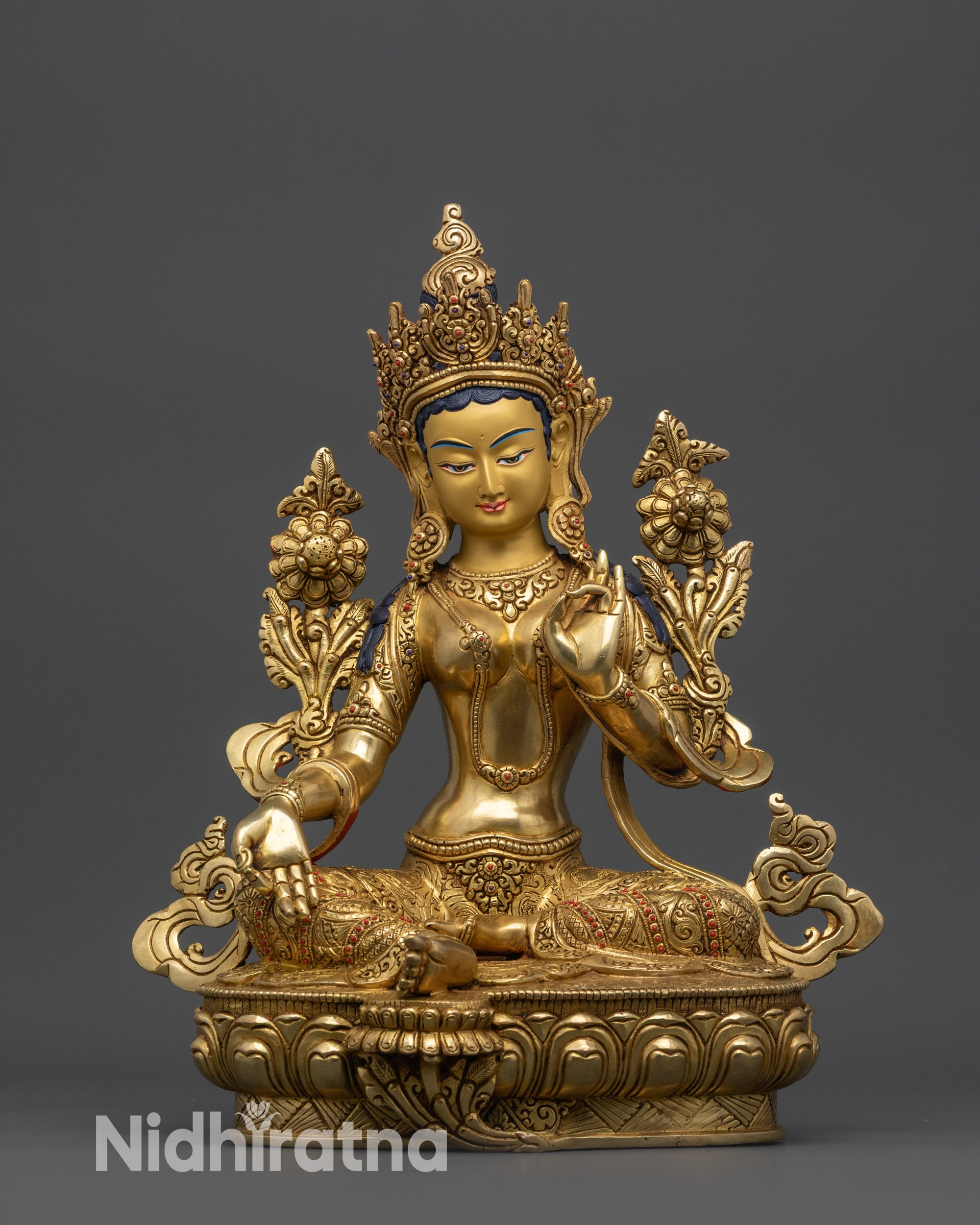Divine Green Tara Statue with 24K Gold-Gilded Face and Fire-Gilded Base handcrafted in Nepal