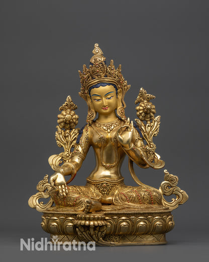 Divine Green Tara Statue with 24K Gold-Gilded Face and Fire-Gilded Base handcrafted in Nepal