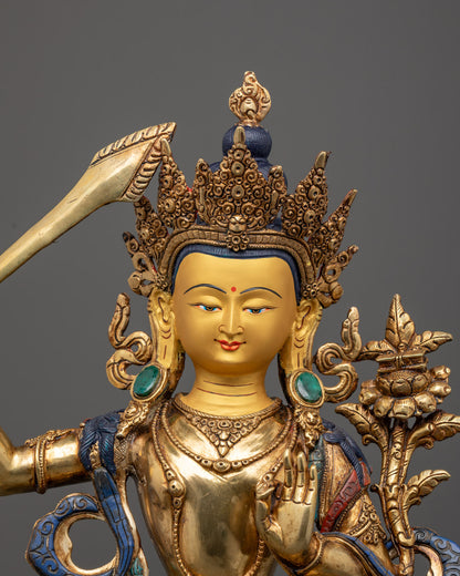 Divine Tibetan Bodhisattva Manjushri’s intricately carved robe and lotus throne with semi-precious stones – symbol of enlightenment and wisdom