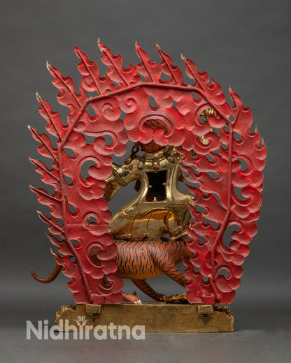 Dorje Drolo statue back showing lotus throne and engraved halo with color inlays