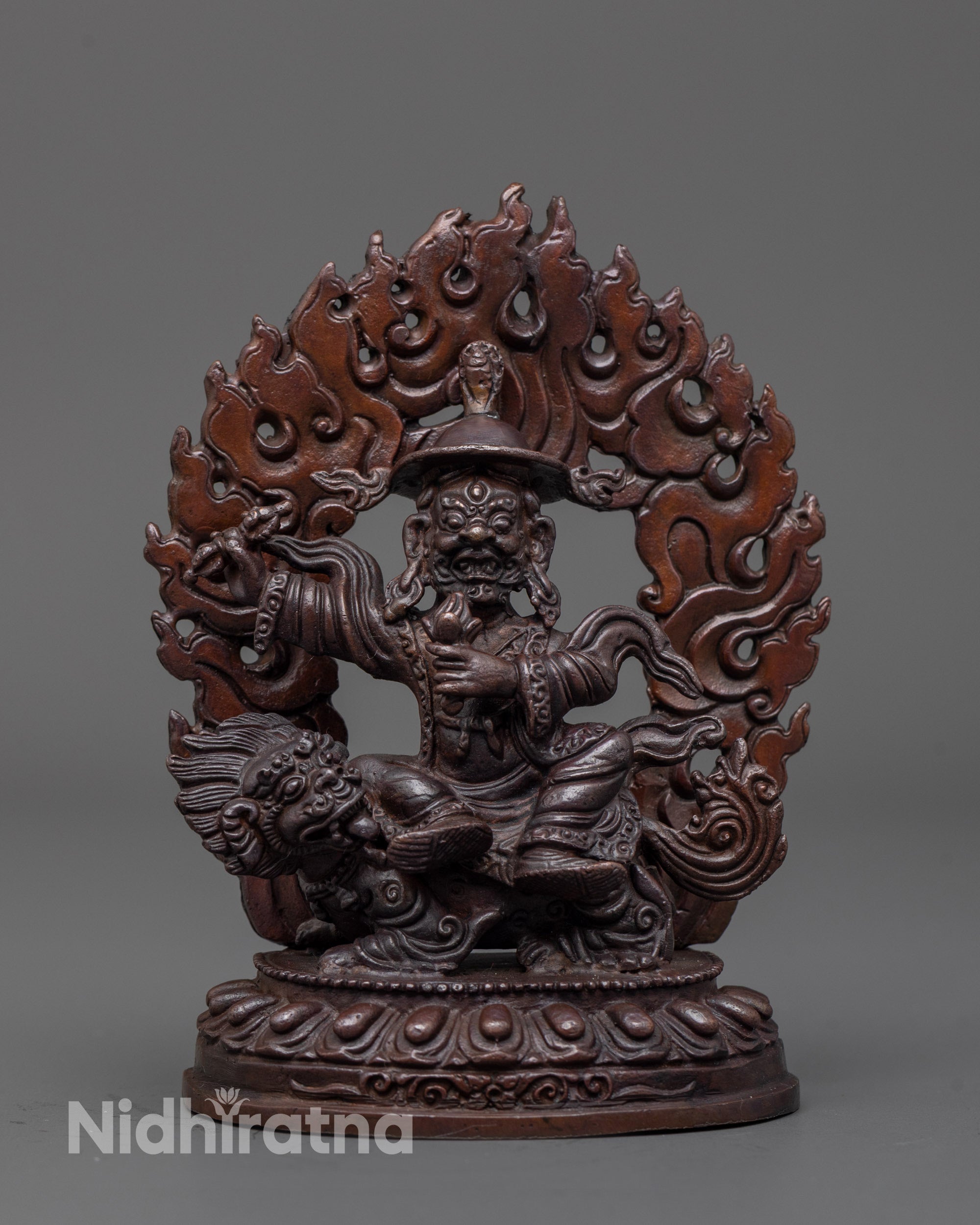Front view of machine-made oxidized Dorje Lekpa statue with detailed wrathful expression