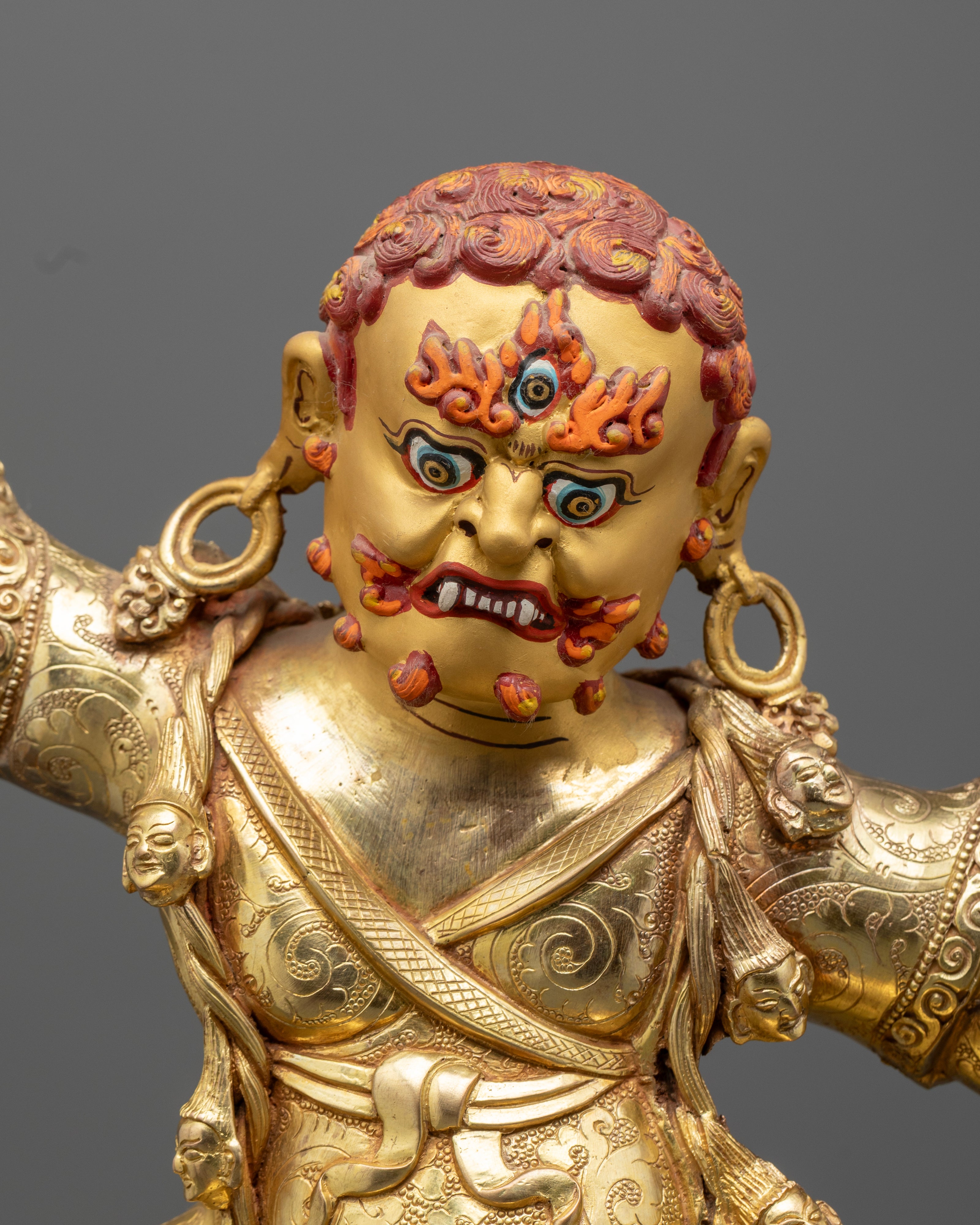 Dorje Drolo intricately carved tiger-skin robe and detailed vajra, symbolizing wild power tamed by wisdom and artisan mastery.