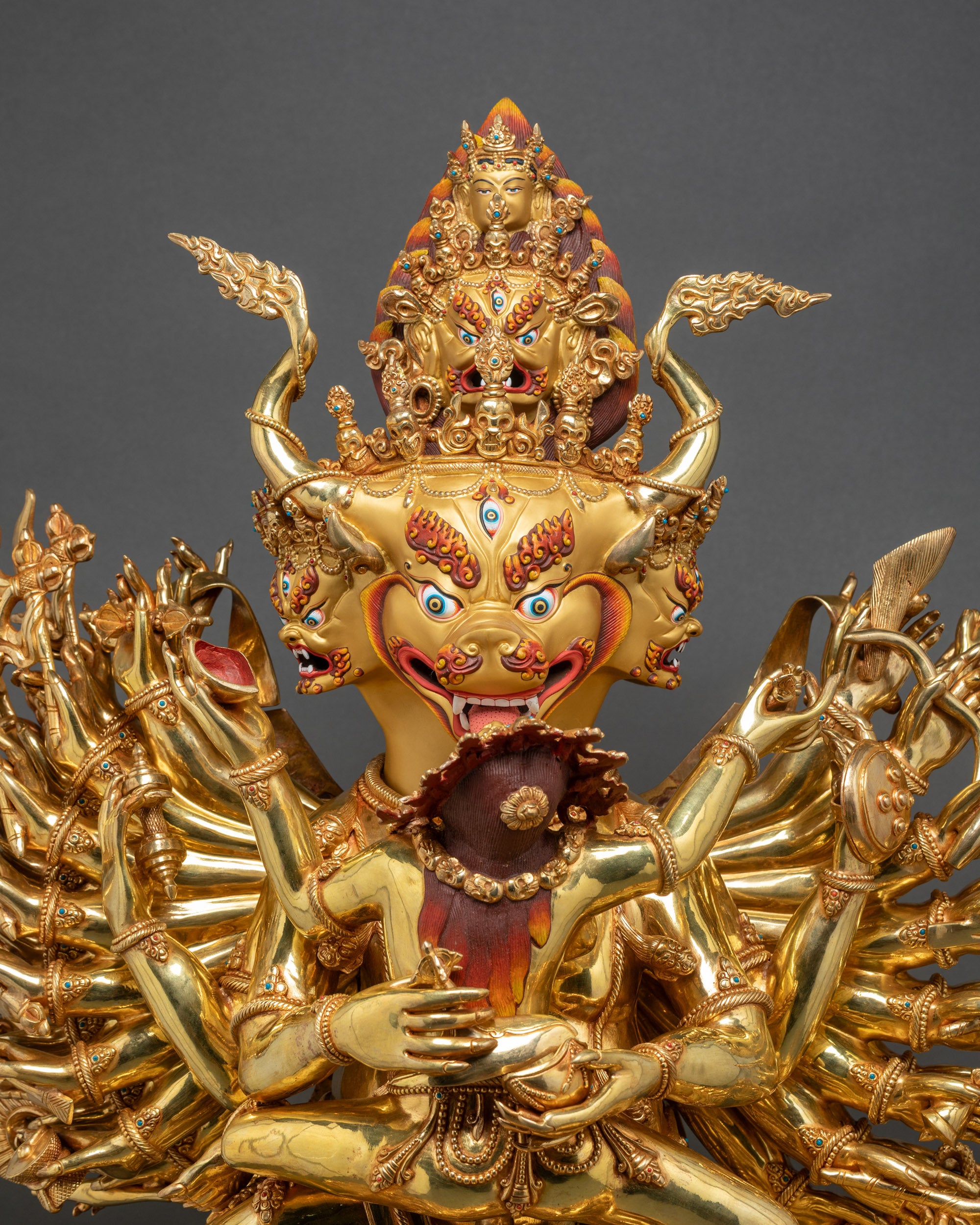 Close-up of Dorje Jigje Union Statue highlighting wrathful details and sacred ornaments