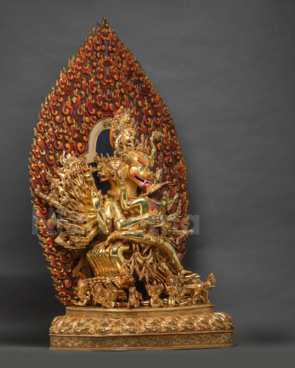 Right view of Yamantaka Union Statue showing tantric pose and luminous fire-gilded copper