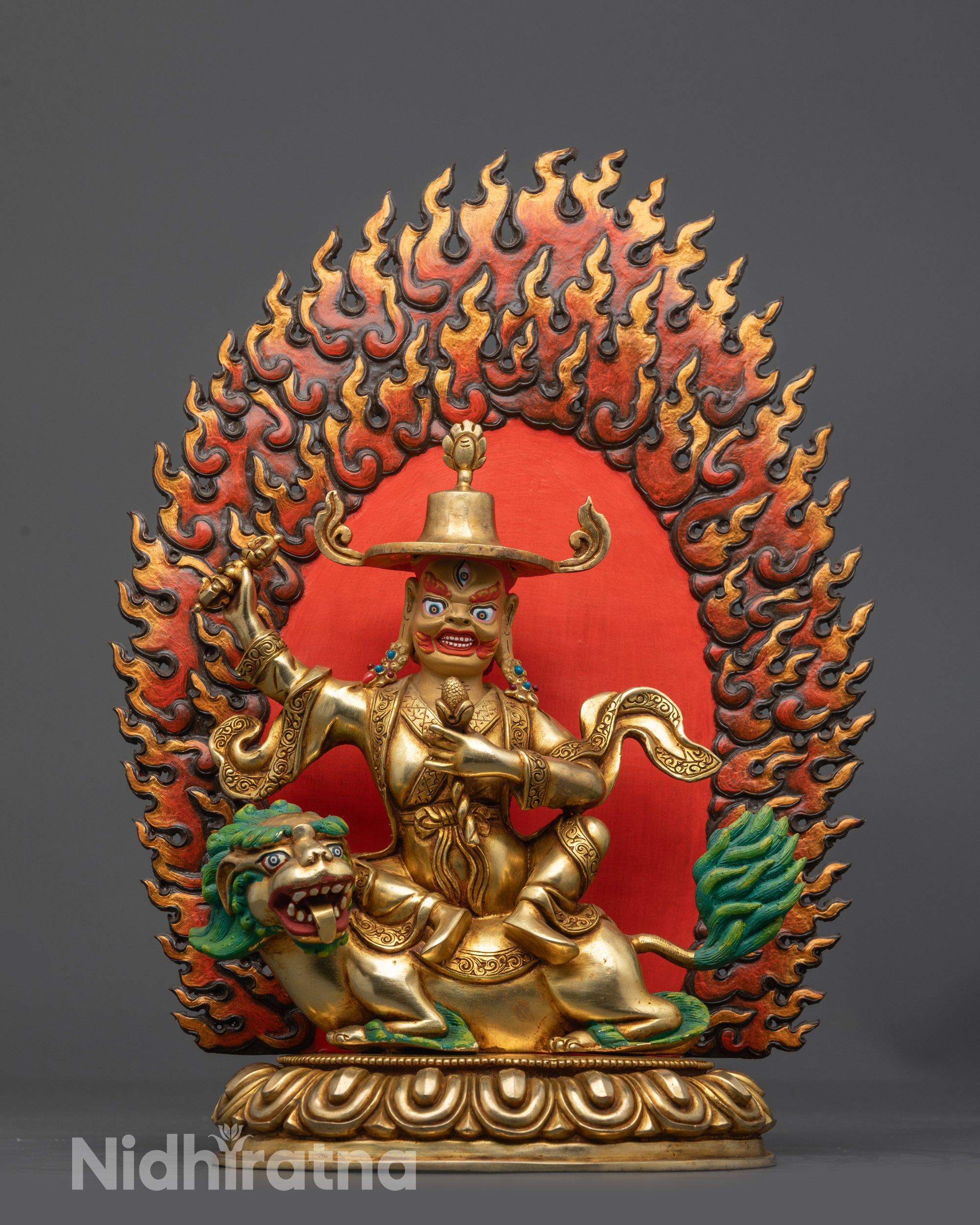 Dorje Legpa Statue front view with snow lion and flame halo
