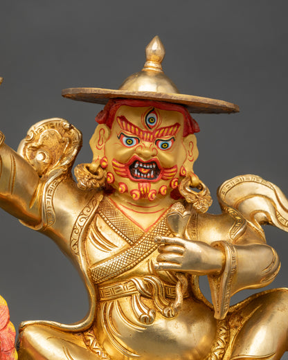 Dorje Legpa statue on snow lion holding vajra Himalayan Buddhist art