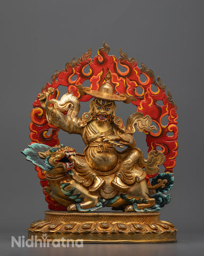 Dorje Legpa statue seated on a lion hand-crafted in Nepal representing fearless protection