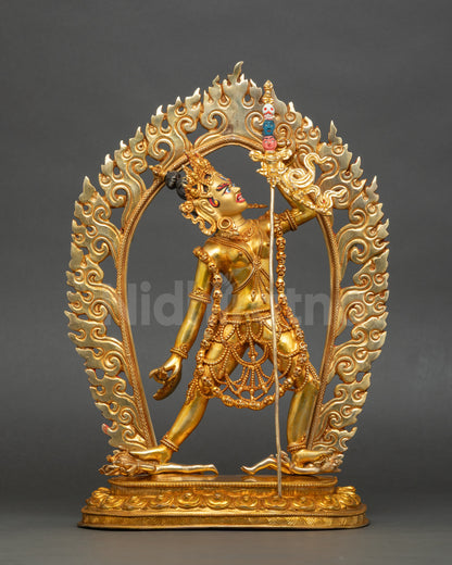 Dorje Naljorma statue standing on lotus throne with blazing flame halo, Chöd deity