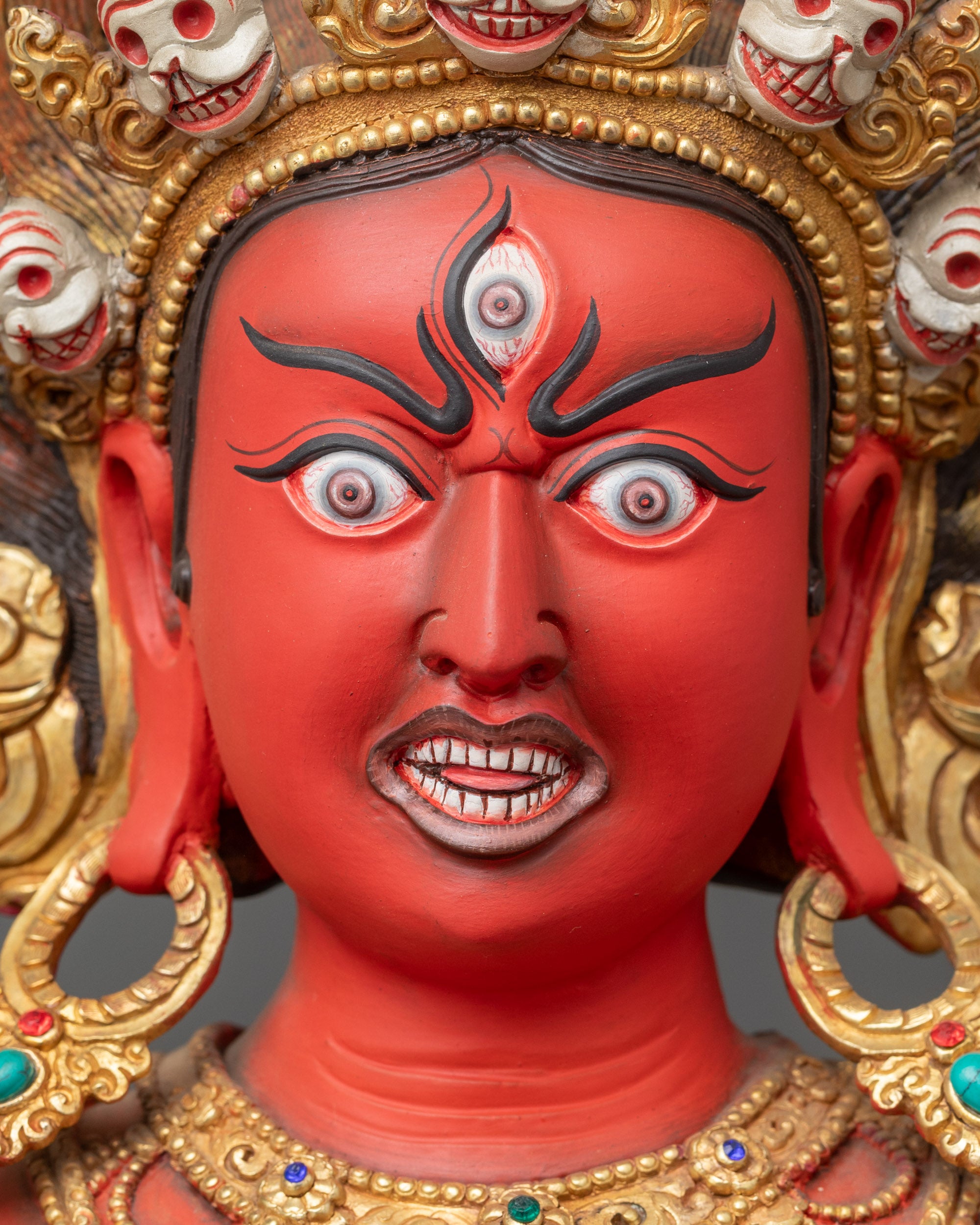 Dorje Phagmo Statue Face Detail Painted with Gold and Acrylic Colors