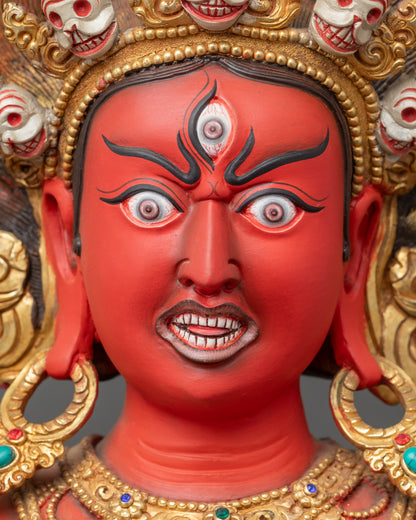 Dorje Phagmo Statue Face Detail Painted with Gold and Acrylic Colors