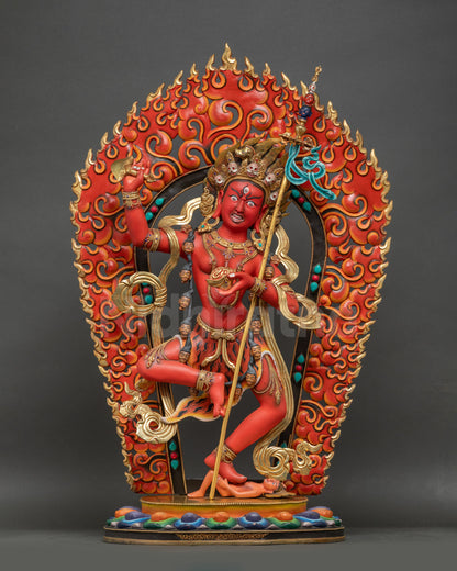 Dorje Phagmo Statue Nepalese Copper Sculpture on Lotus with Halo Front View