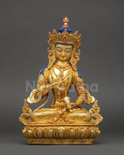 Dorje Sempa statue seated on lotus throne, gold-gilded Himalayan Buddhist art