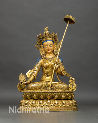 Dukar statue front view, White Umbrella Goddess gold gilded copper Nepal