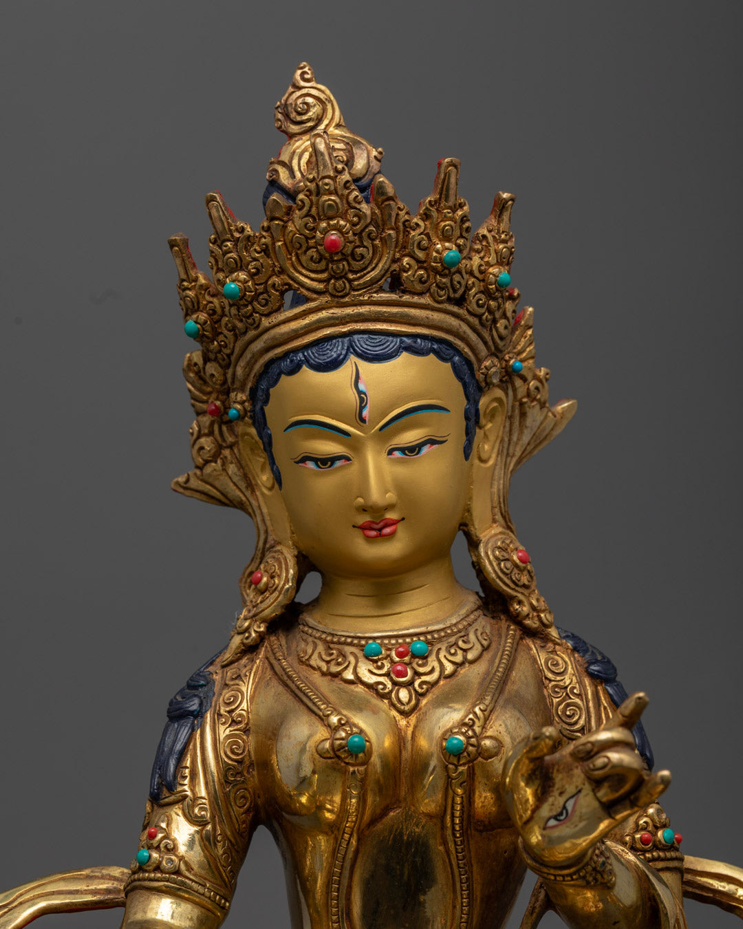 Dukar Buddhist Statue Adorned with Acrylic Colors and Semi-Precious Stones