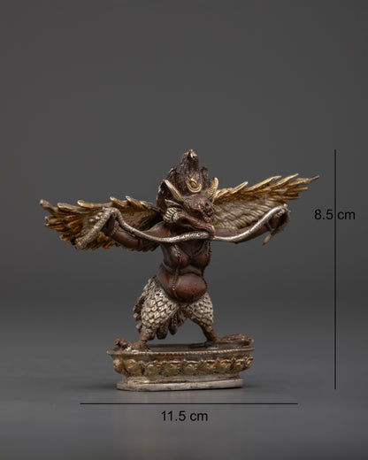 Dynamic standing Garuda statue with outstretched wings, silver-plated Nepalese artwork