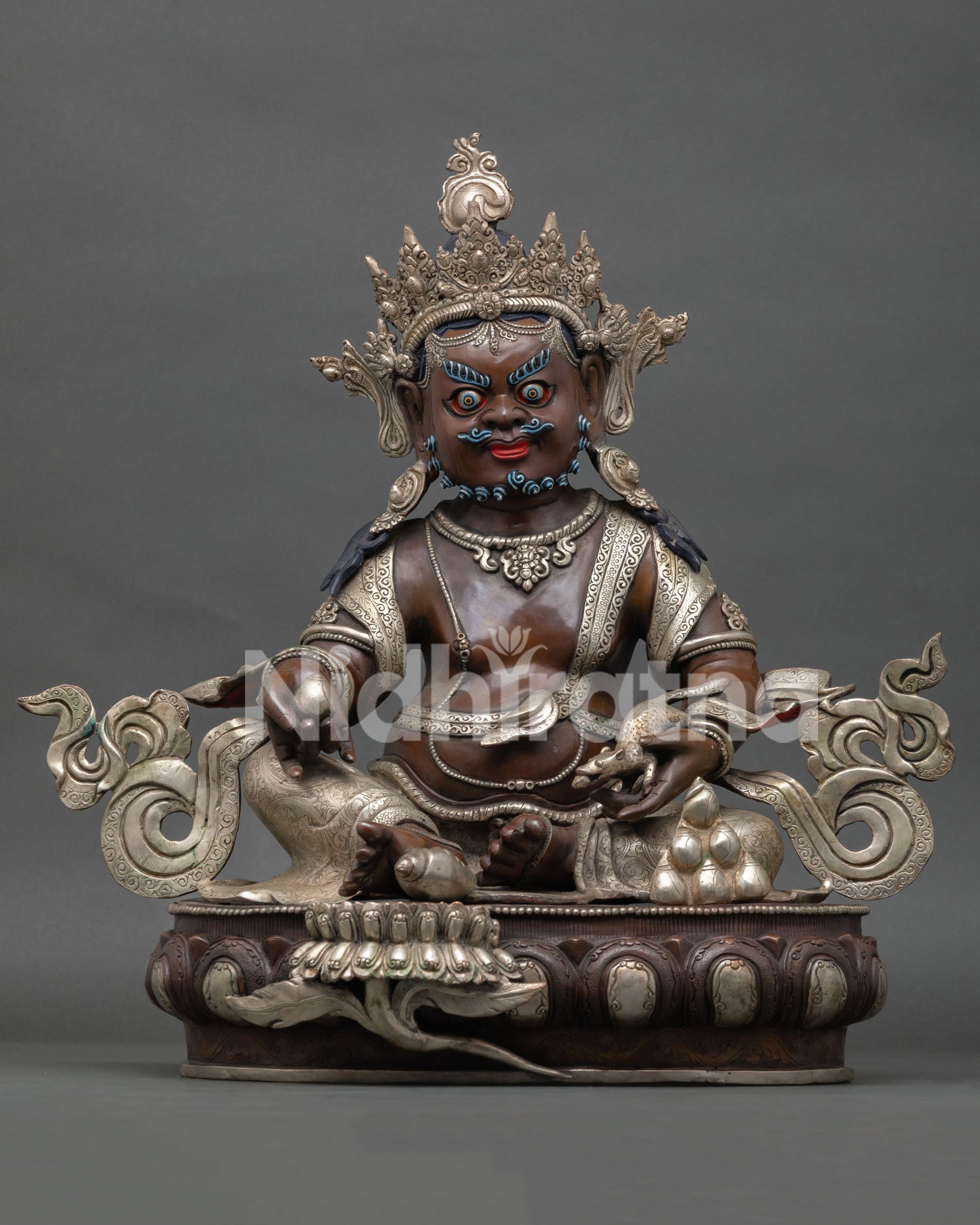 Dzambhala statue front view handcrafted oxidized copper wealth deity with silver-plated ornaments