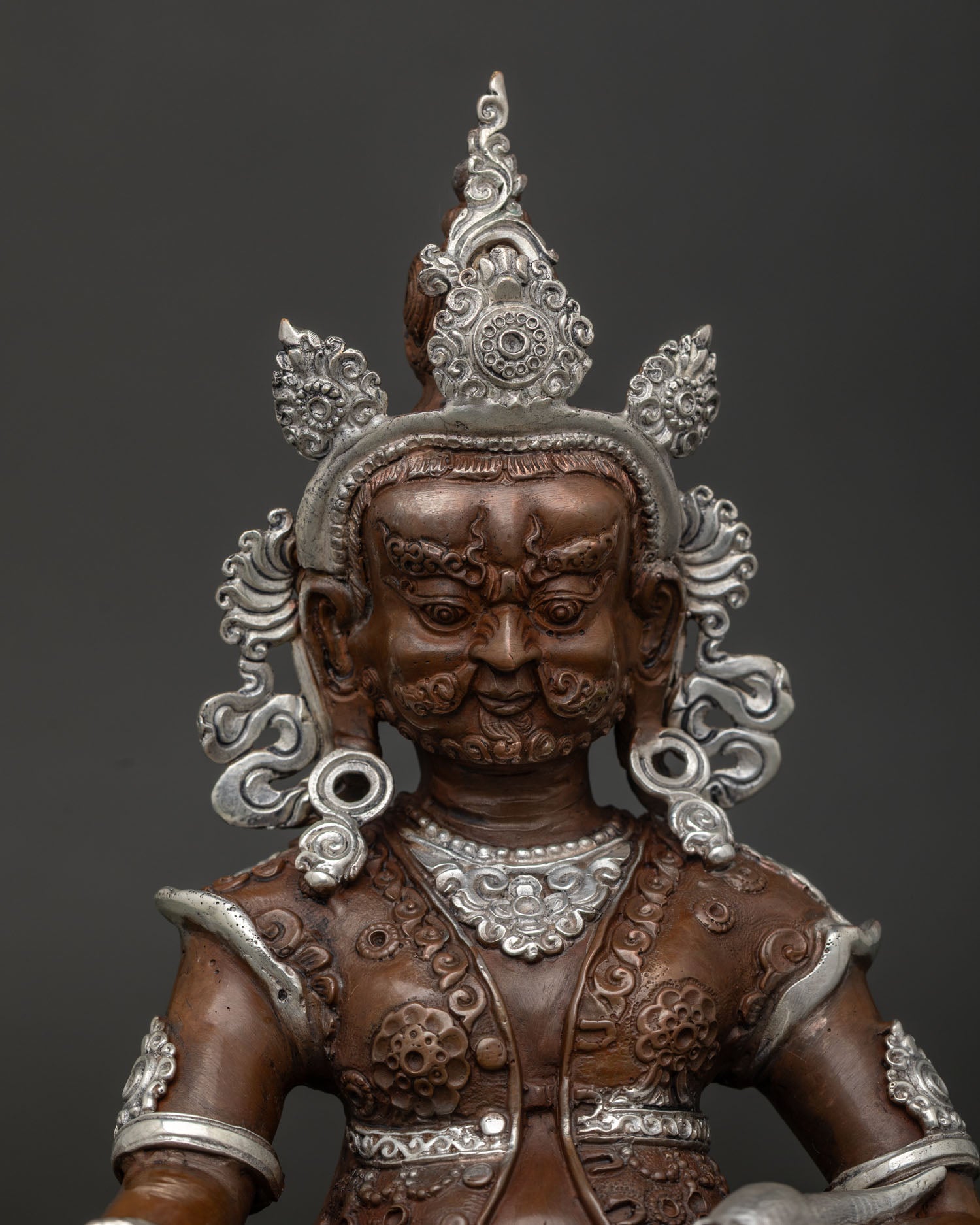 Dzambhala Statue Silver Plated Details Hand Carved Royal Garment.