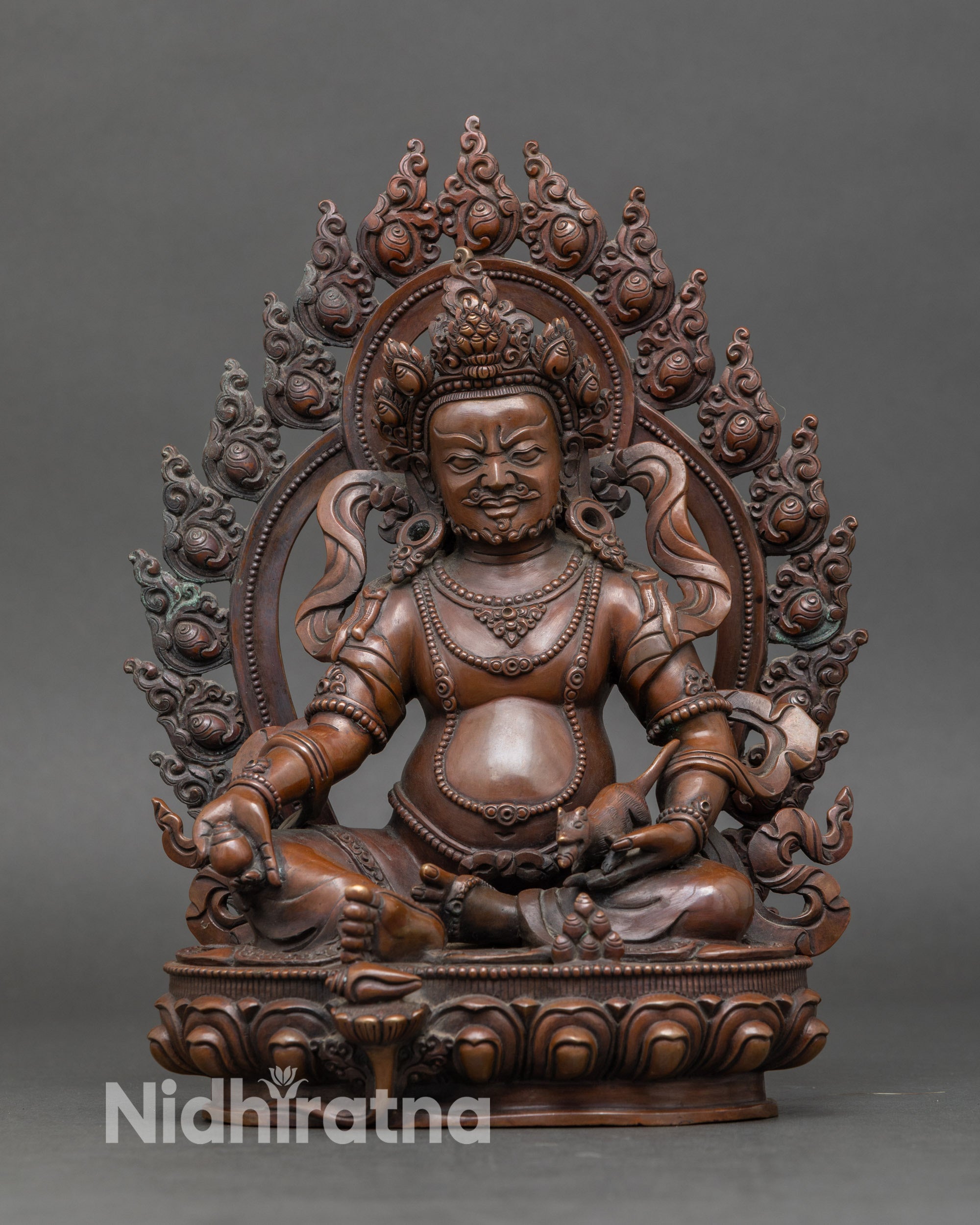 Dzambhala altar statue seated on lotus throne with halo, handcrafted Nepalese copper