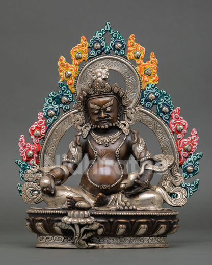Dzambhala statue copper wealth deity, multi-color halo, Nepalese craftsmanship