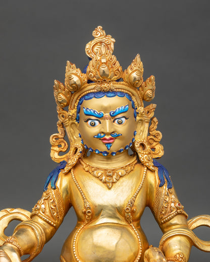 Dzambhala statue close-up, detailed copper craftsmanship and gold fire-gilded Tibetan Wealth Deity