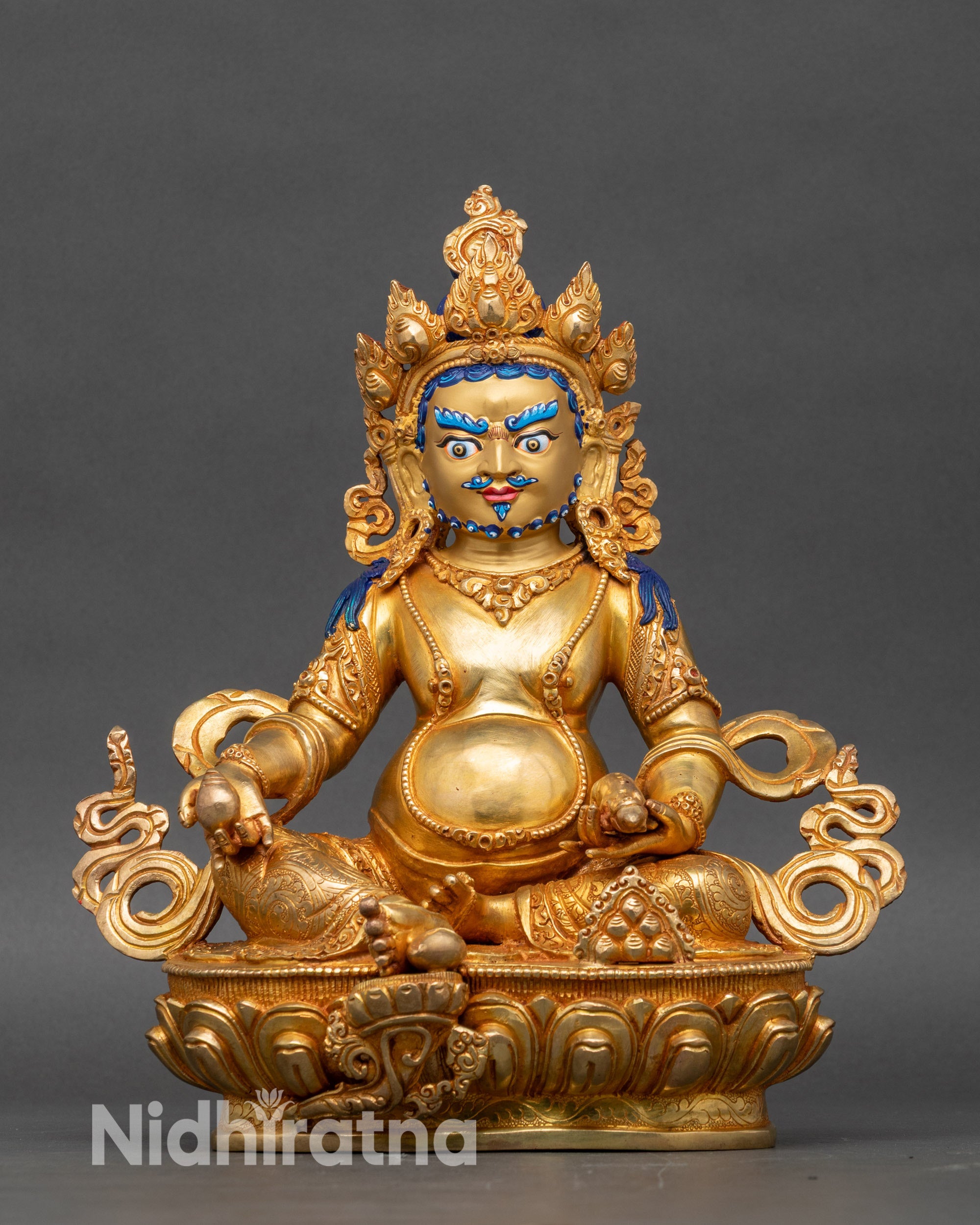 Hand-carved Dzambhala statue front view, solid copper, gold fire-gilded Wealth Deity from Patan, Nepal