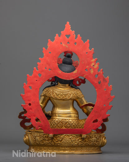 Dzambhala Statue back view featuring elaborate halo and ornate robe design