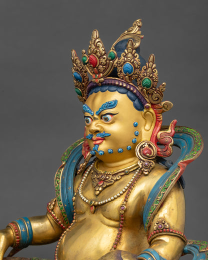 Dzambhala Statue detailed side close-up, showing lotus seat and Tibetan lion throne