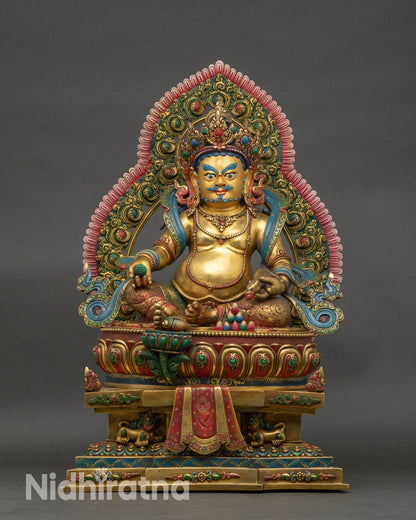Dzambhala Statue front view, Nepalese artisan-crafted copper wealth god figurine