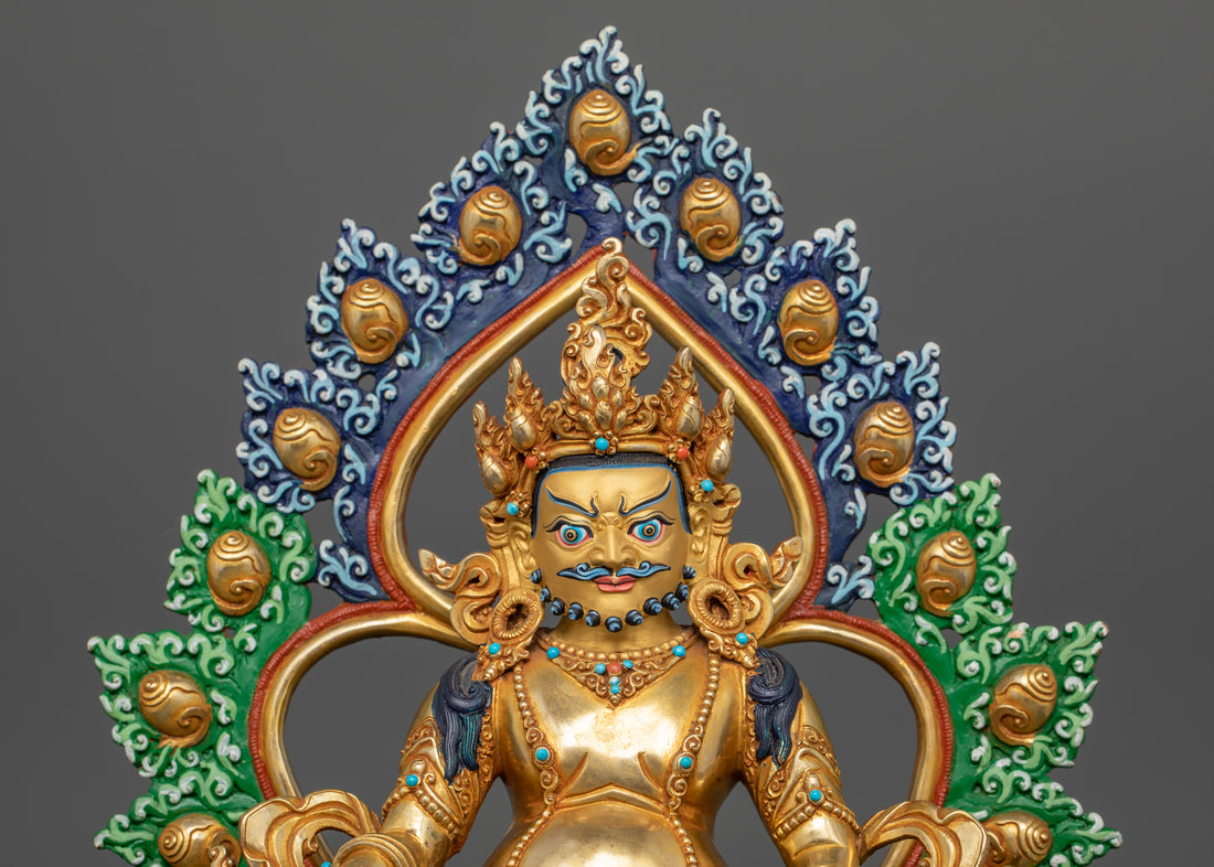  view of Dzambhala’s upper side, emphasizing the detailing on the ornate crown, facial features and colorful halo.