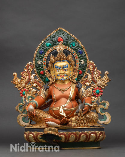 Dzambhala statue handmade in Nepal, copper wealth deity on lotus throne