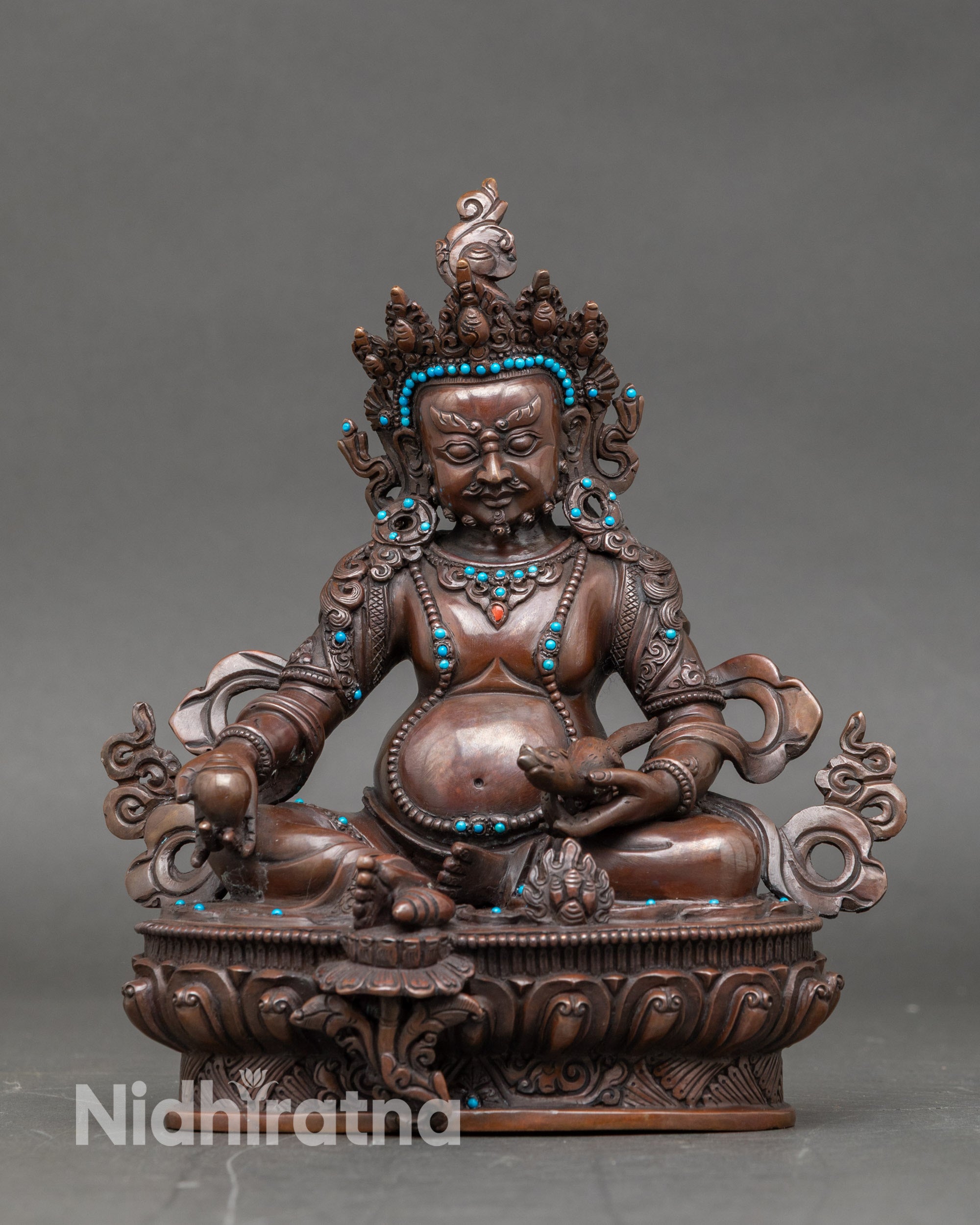 Dzambhala wealth deity statue handcrafted in Nepal with semi-precious stones