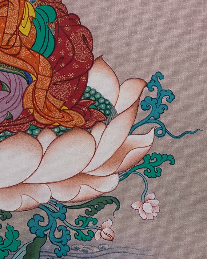 Sacred Tibetan thangka of Tsokye Dorje, skullcup with vase and protective lotus hat