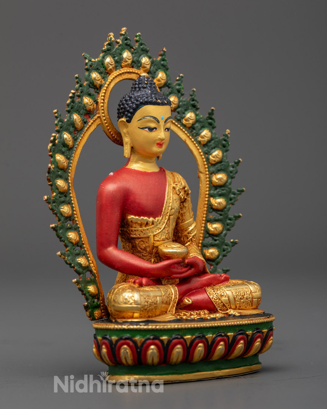 Electroplated Amitabha Buddha statue featuring vibrant acrylic-painted halo and serene expression