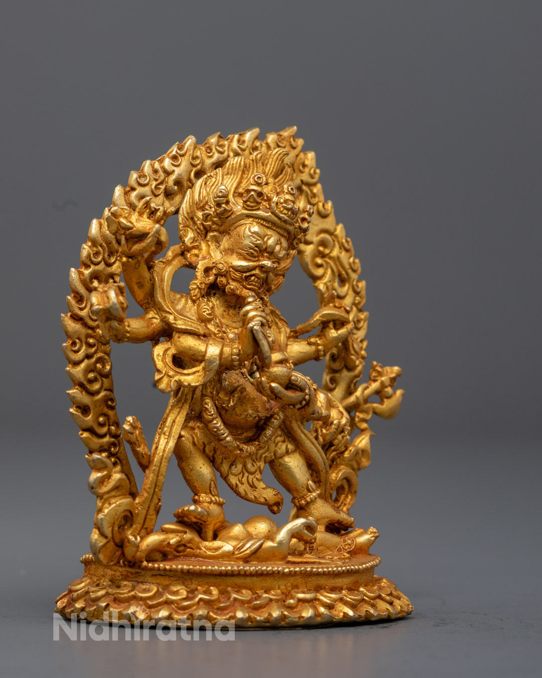Electroplated Six Armed Mahakala statue with hollow chamber for mantra and sacred item placement