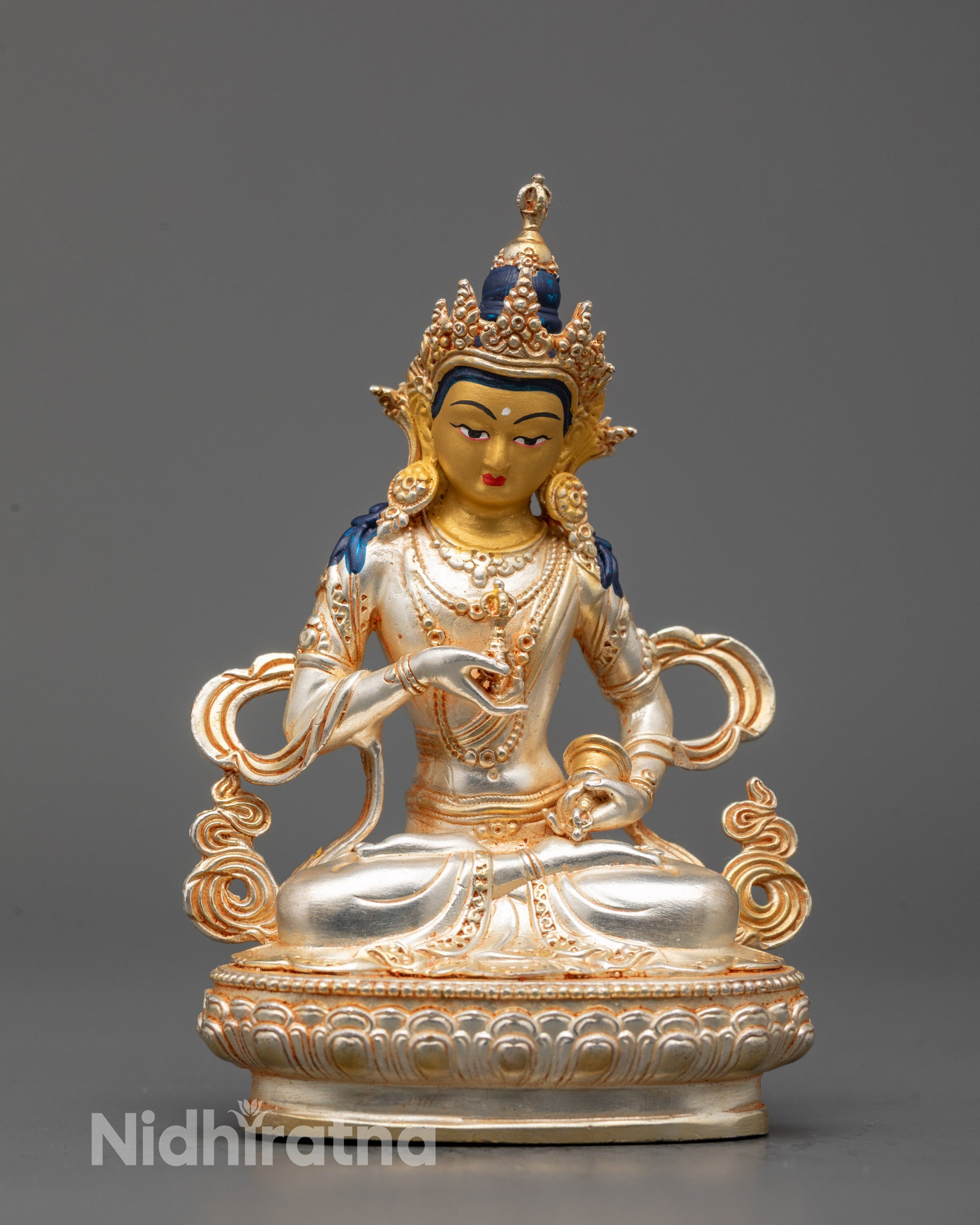 Electroplated Vajrasattva Statue front view with silver-plated body and gold-coated face
