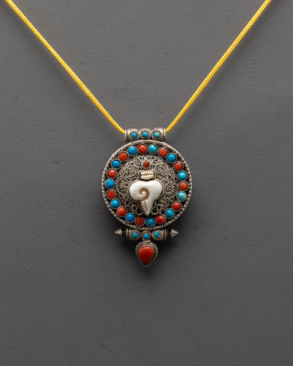 Elegant Shell Locket close-up with silver filigree and semi-precious stones, handcrafted in Nepal