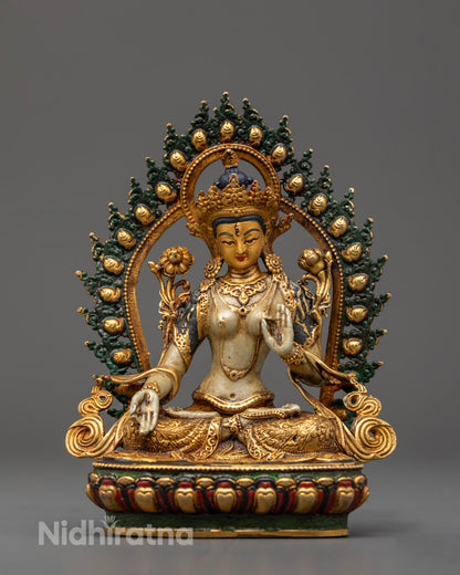Elegant White Tara sculpture with gold-plated face and gold-gilded machine-made body featuring detailed carvings on jewelry, crown, and robe with rich acrylic colors