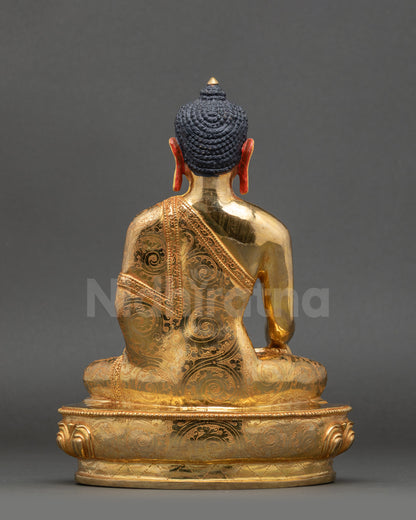 Enlightened One Buddha Statue back view detailed lotus pedestal copper artwork