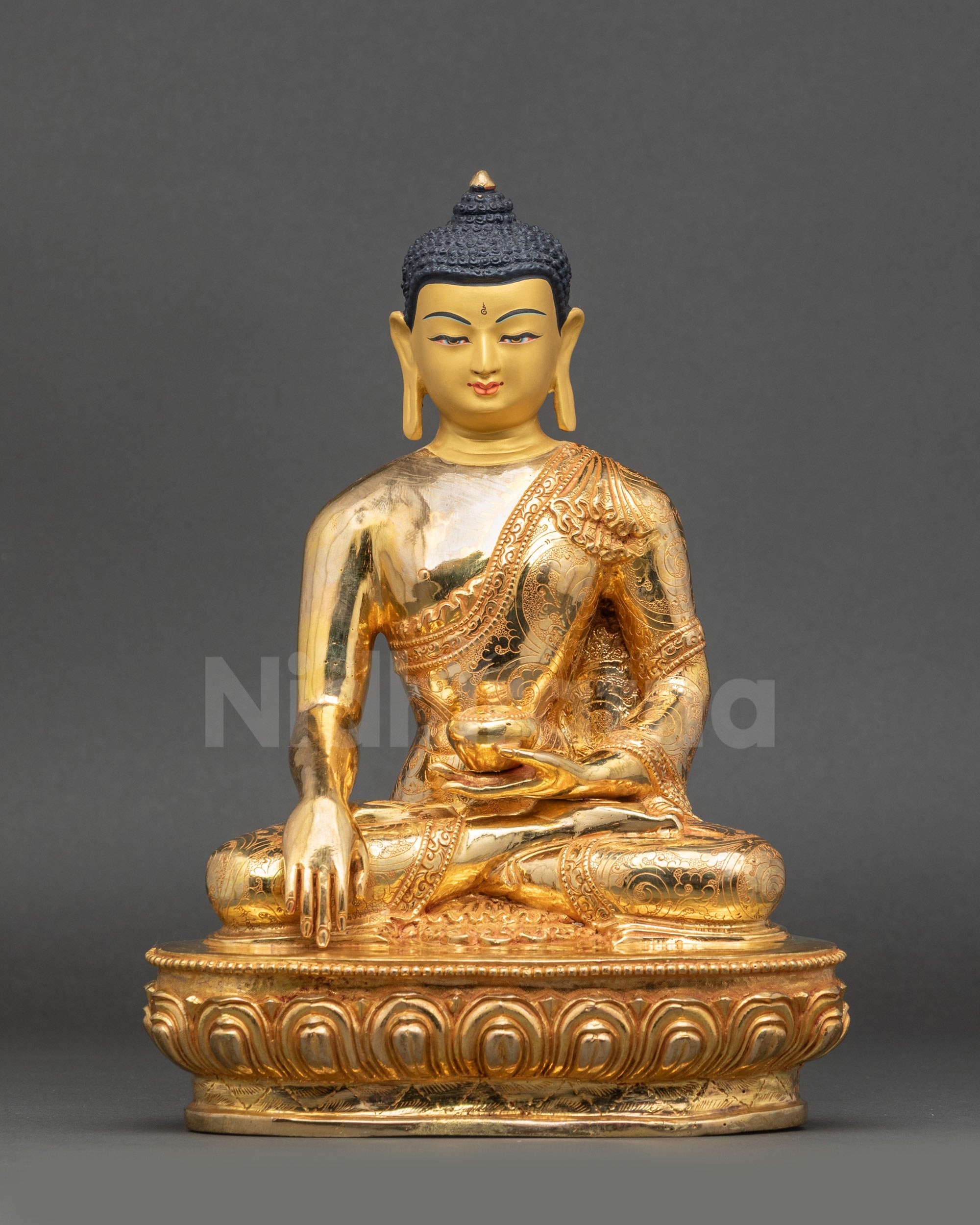 Enlightened One Buddha Statue front view gold-gilded copper Himalayan art