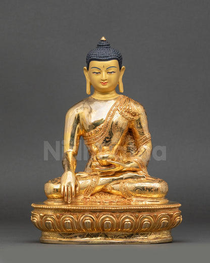 Enlightened One Buddha Statue front view gold-gilded copper Himalayan art